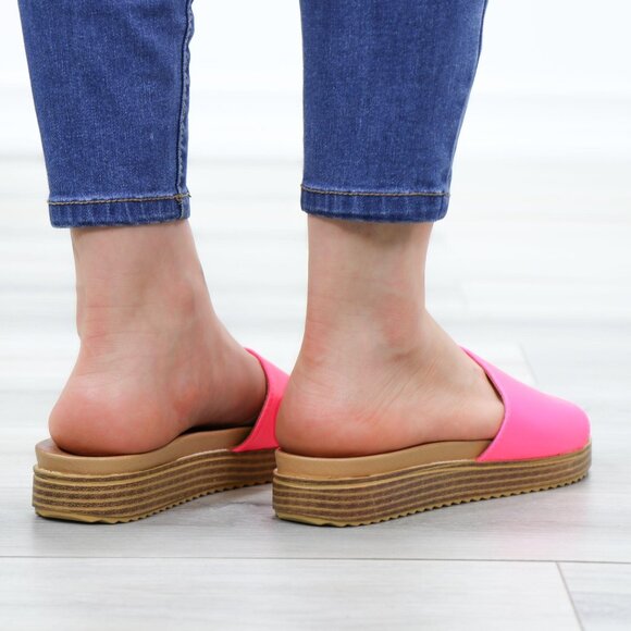 Neon Pink Faux Leather Slip On Comfort Sandal - Picture 7 of 13